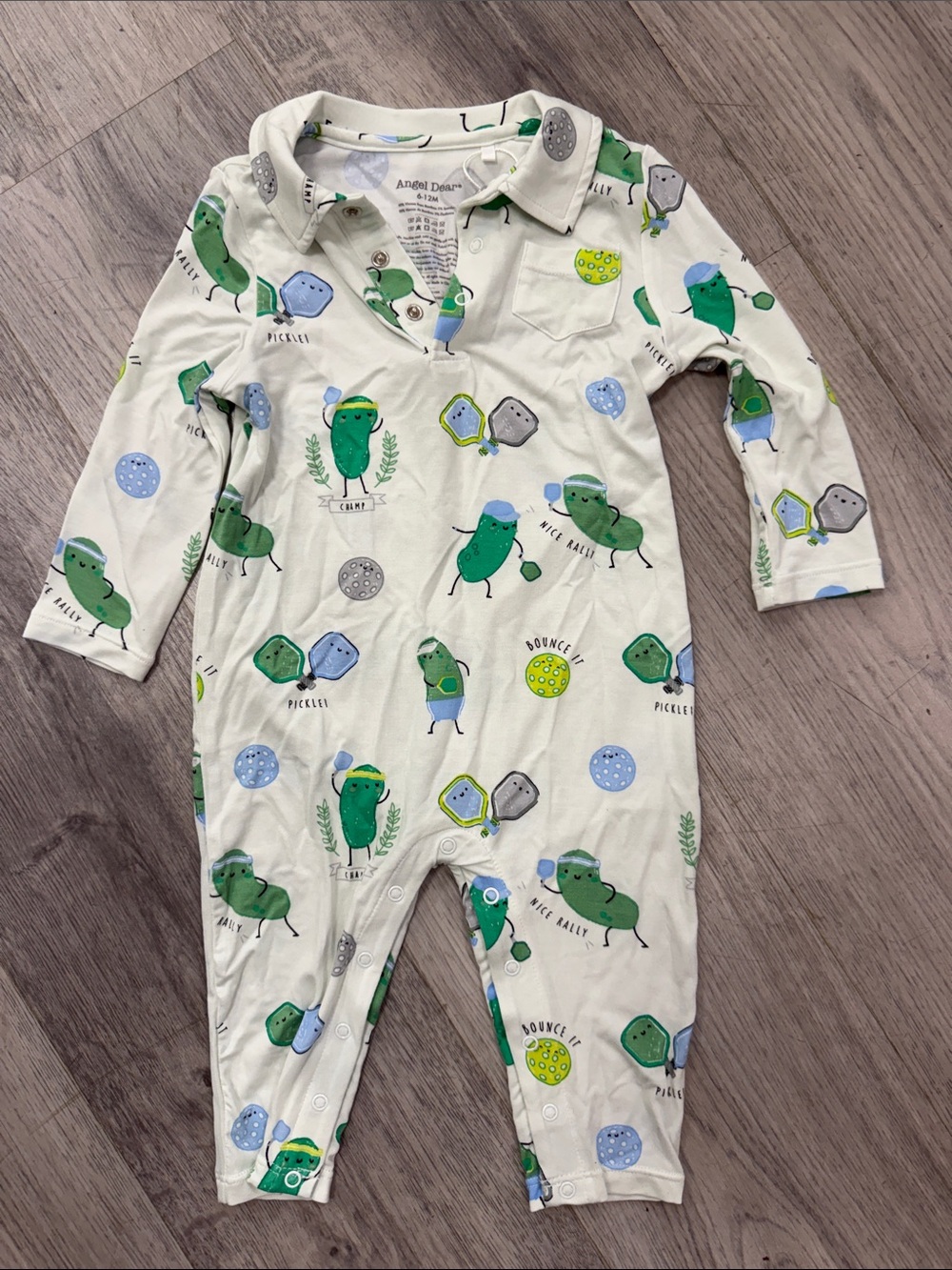 Angel Dear Cream One-Piece with Playful Green Pickle Print NWOT